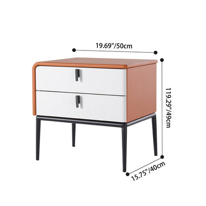 Modern Luxury Orange Faux Leather 2-Drawer Storage Nightstand - Matte Finish Bedside Table For Bedroom