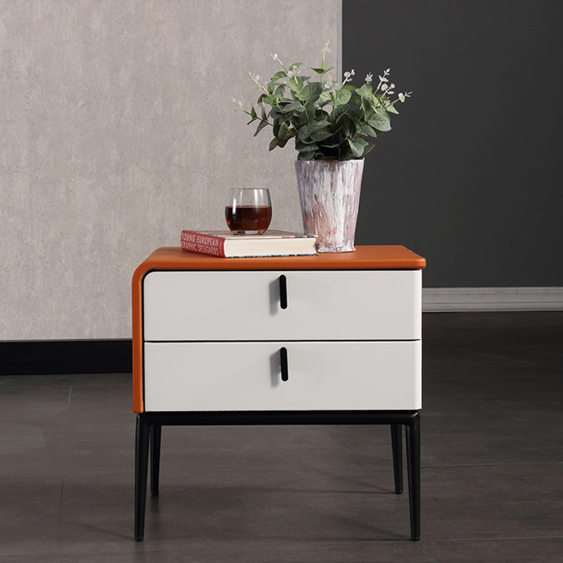 Modern Luxury Orange Faux Leather 2-Drawer Storage Nightstand - Matte Finish Bedside Table For Bedroom