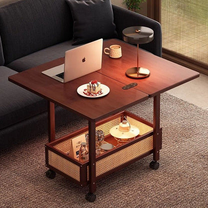 Traditional Vintage Rectangular Nan Bamboo Collapsible Removable Side Table 2-Tier For Living Room