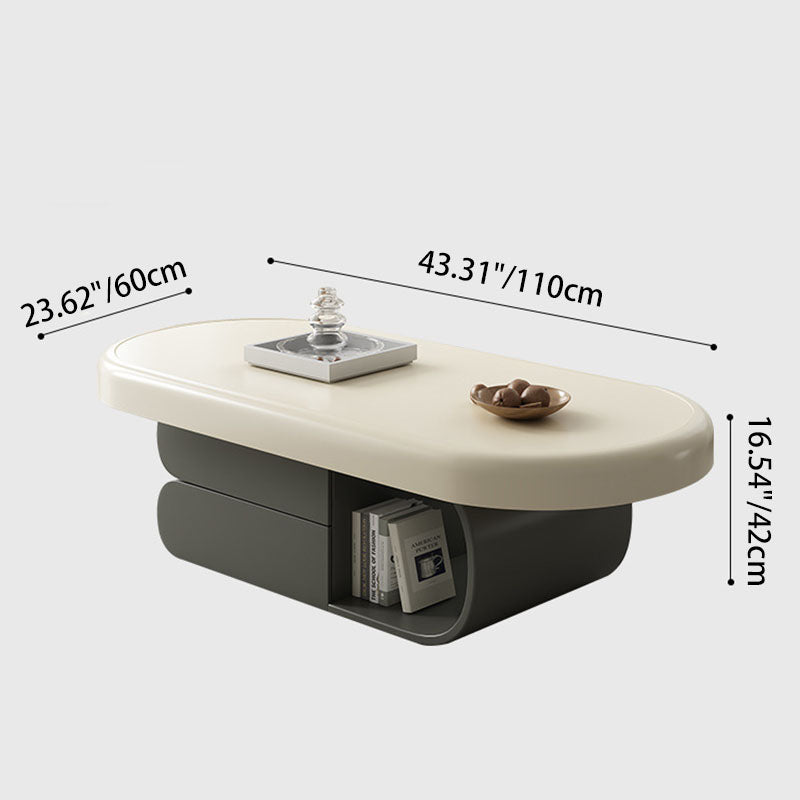 Contemporary Scandinavian Oval Plywood Stone Slab Coffee Table 2-Drawer For Living Room