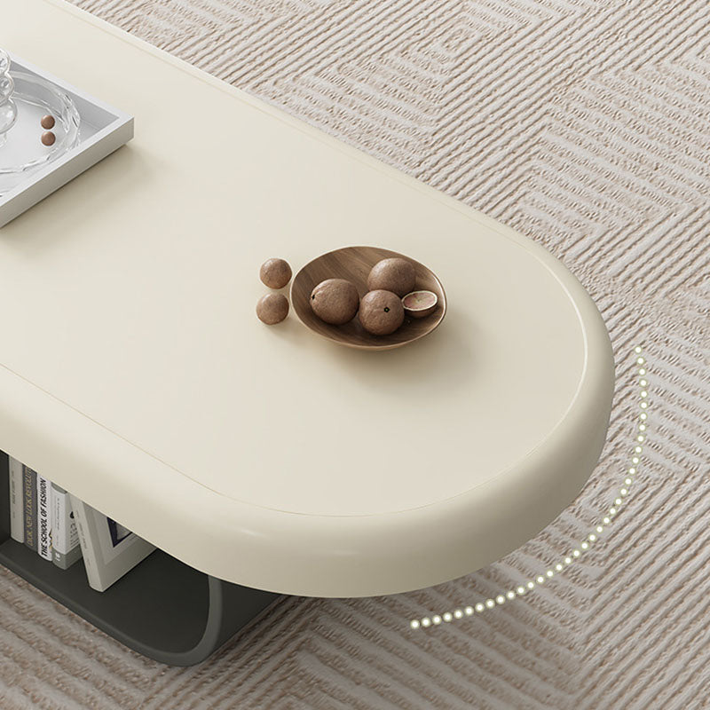 Contemporary Scandinavian Oval Plywood Stone Slab Coffee Table 2-Drawer For Living Room