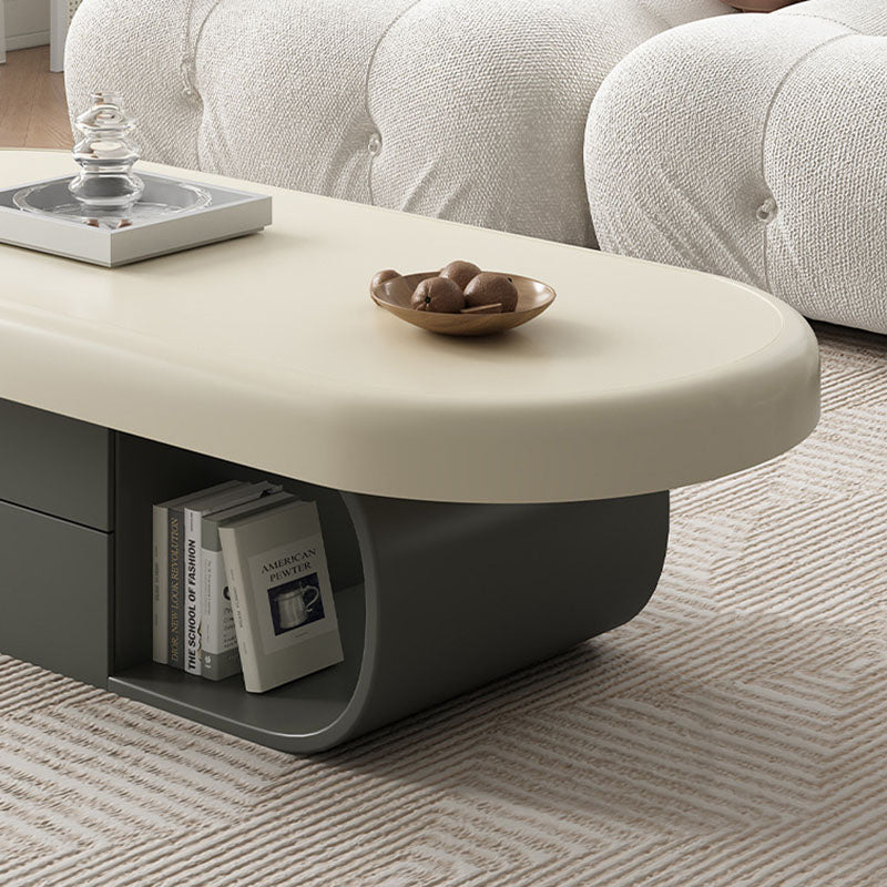 Contemporary Scandinavian Oval Plywood Stone Slab Coffee Table 2-Drawer For Living Room