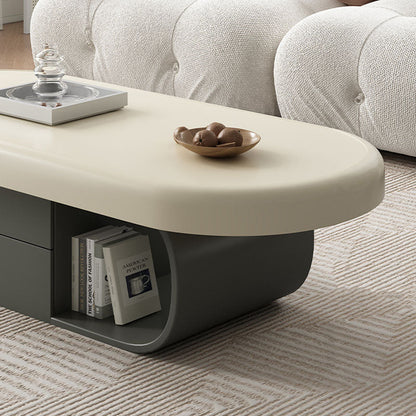 Contemporary Scandinavian Oval Plywood Stone Slab Coffee Table 2-Drawer For Living Room