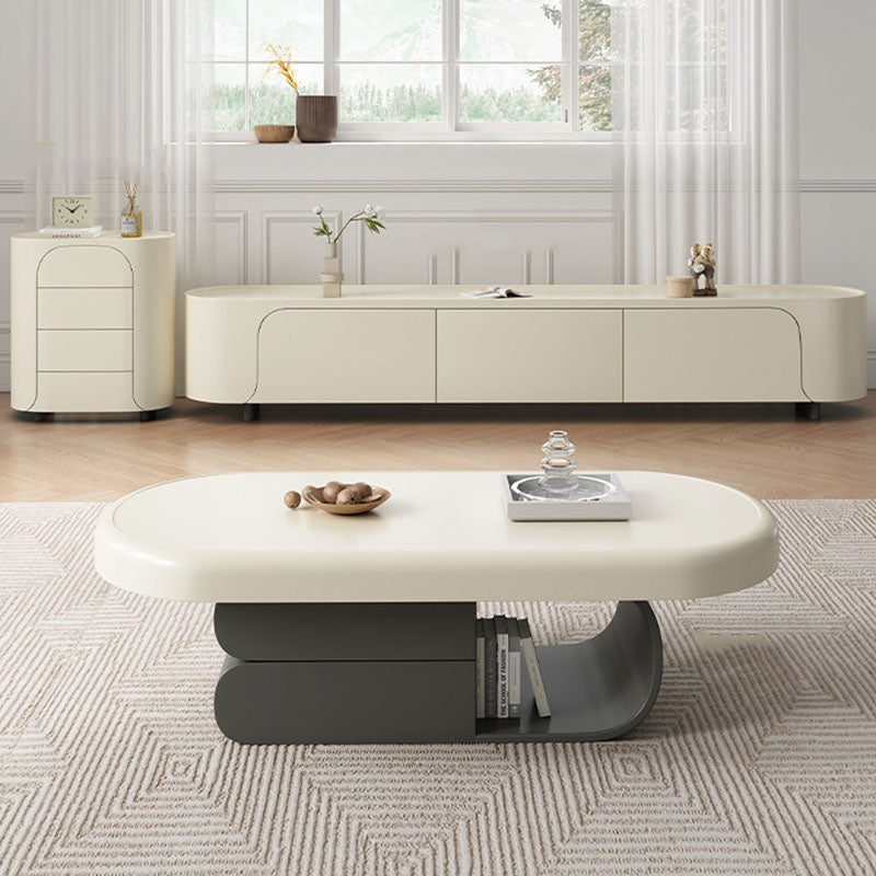 Contemporary Scandinavian Oval Plywood Stone Slab Coffee Table 2-Drawer For Living Room