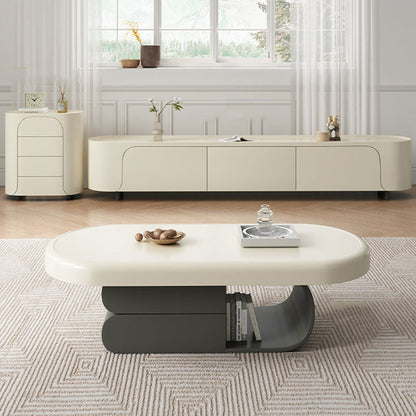 Contemporary Scandinavian Oval Plywood Stone Slab Coffee Table 2-Drawer For Living Room