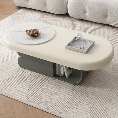 Contemporary Scandinavian Oval Plywood Stone Slab Coffee Table 2-Drawer For Living Room