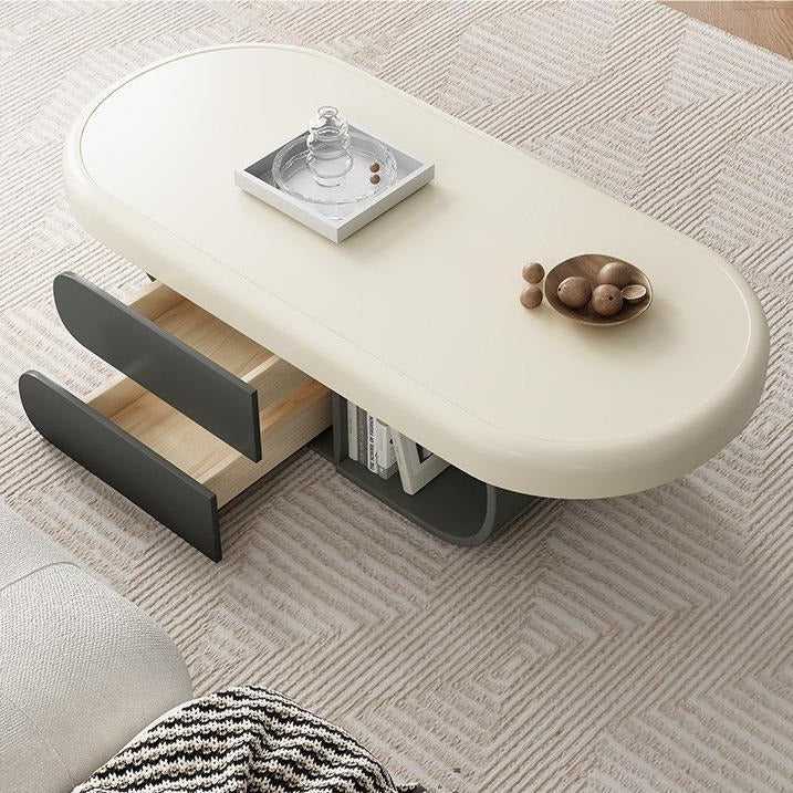 Contemporary Scandinavian Oval Plywood Stone Slab Coffee Table 2-Drawer For Living Room