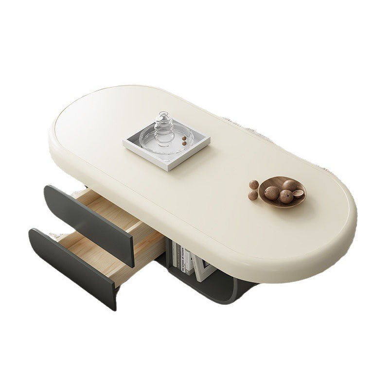 Contemporary Scandinavian Oval Plywood Stone Slab Coffee Table 2-Drawer For Living Room