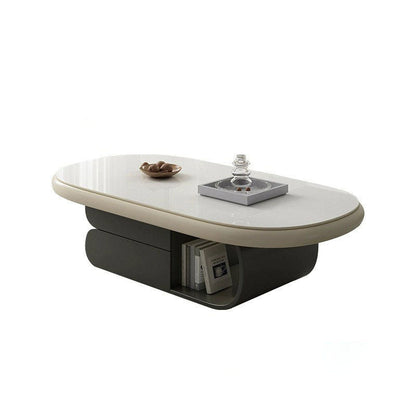 Contemporary Scandinavian Oval Plywood Stone Slab Coffee Table 2-Drawer For Living Room