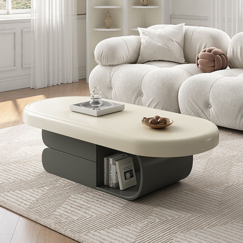 Contemporary Scandinavian Oval Plywood Stone Slab Coffee Table 2-Drawer For Living Room
