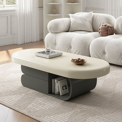Contemporary Scandinavian Oval Plywood Stone Slab Coffee Table 2-Drawer For Living Room
