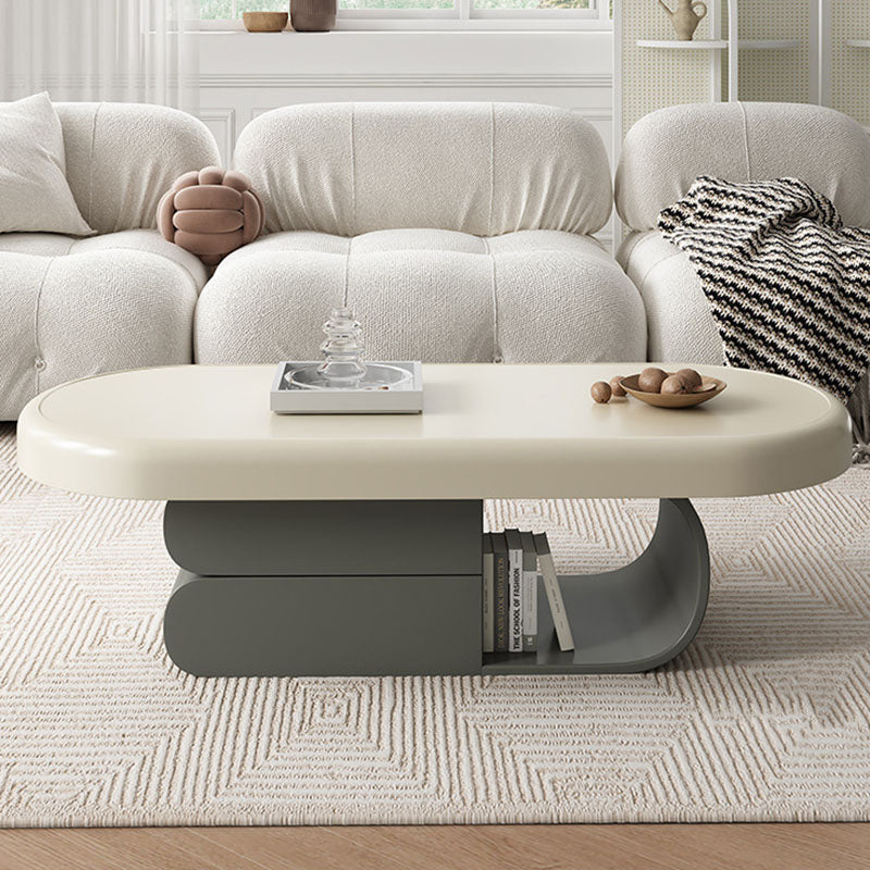 Contemporary Scandinavian Oval Plywood Stone Slab Coffee Table 2-Drawer For Living Room