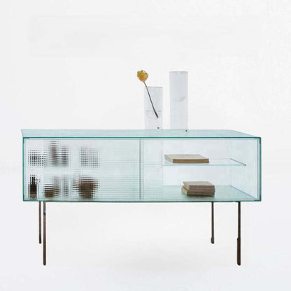 Modern Luxury Square Tempered Glass Stainless Steel Legs Storage Sideboard 1-Cabinet For Dining Room