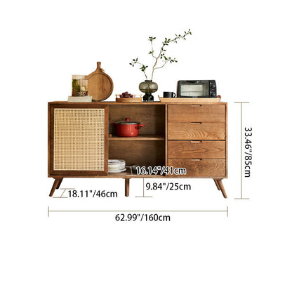 Traditional Vintage Rectangular Ash Wood Indonesian Rattan Storage Sideboard 1-Cabinet 4-Drawer For Dining Room