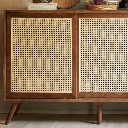 Traditional Vintage Rectangular Ash Wood Indonesian Rattan Storage Sideboard 1-Cabinet 4-Drawer For Dining Room