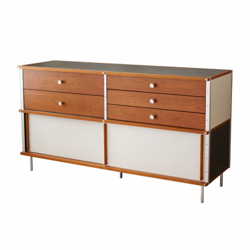 Traditional Vintage Rectangular Stone Slab Pine Wood Storage Sideboard 5-Drawer 1-Cabinet For Dining Room