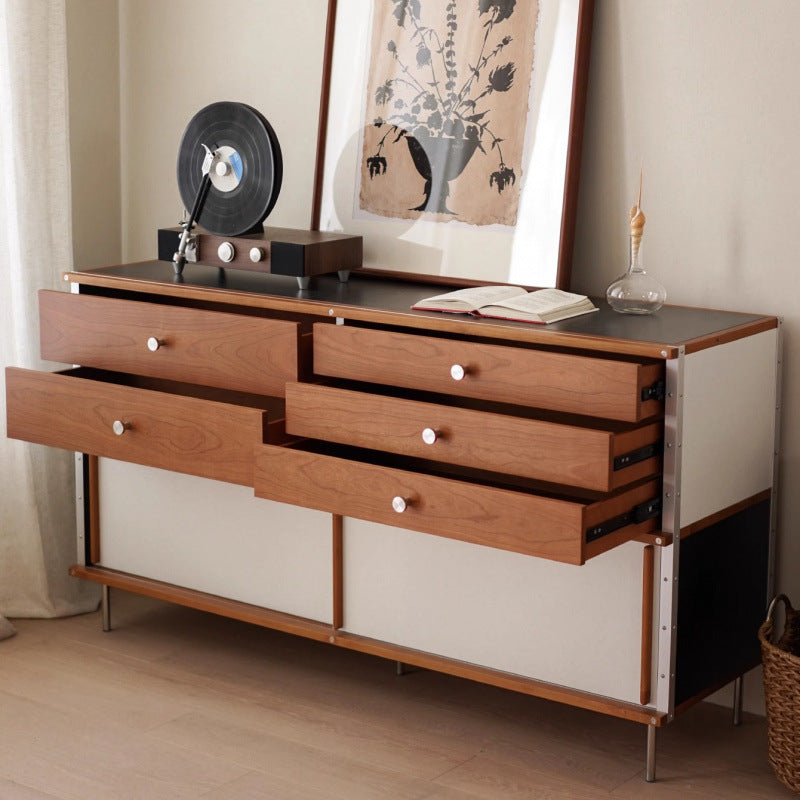 Traditional Vintage Rectangular Stone Slab Pine Wood Storage Sideboard 5-Drawer 1-Cabinet For Dining Room