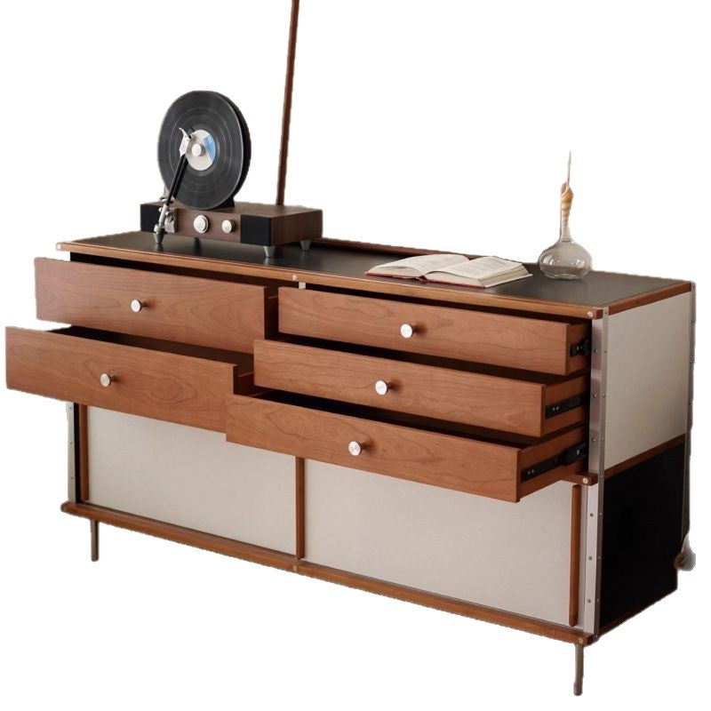 Traditional Vintage Rectangular Stone Slab Pine Wood Storage Sideboard 5-Drawer 1-Cabinet For Dining Room