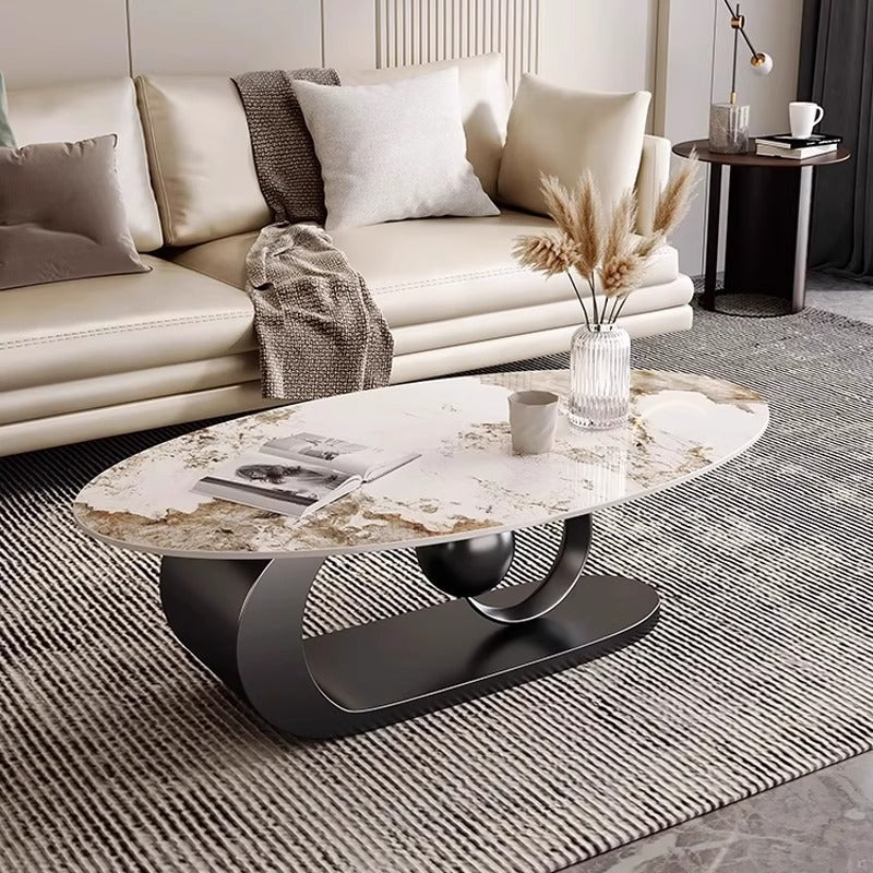 Modern Luxury Oval Stone Slab Creative Stainless Steel Base Coffee Table For Living Room