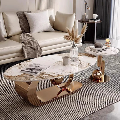 Modern Luxury Oval Stone Slab Creative Stainless Steel Base Coffee Table For Living Room