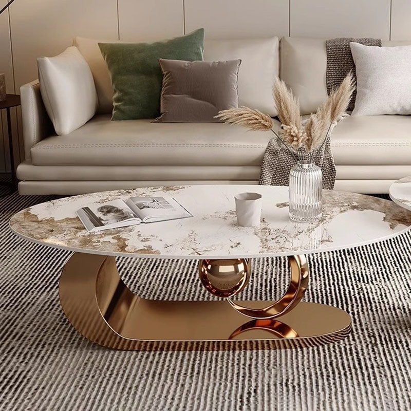 Modern Luxury Oval Stone Slab Creative Stainless Steel Base Coffee Table For Living Room