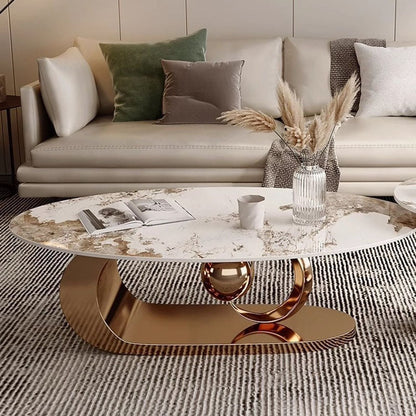 Modern Luxury Oval Stone Slab Creative Stainless Steel Base Coffee Table For Living Room