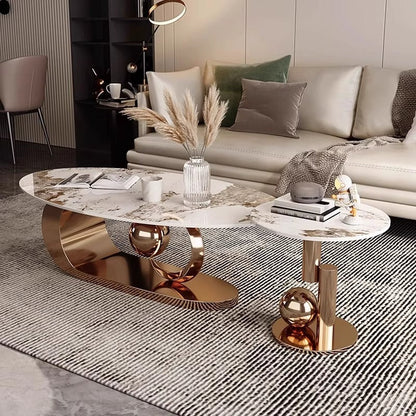 Modern Luxury Oval Stone Slab Creative Stainless Steel Base Coffee Table For Living Room