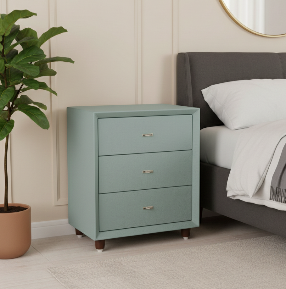 Contemporary Scandinavian Dusty Blue 3-Drawer Nightstand - Matte Faux Leather Bedside Table Minimalist Storage Cabinet For Bedroom