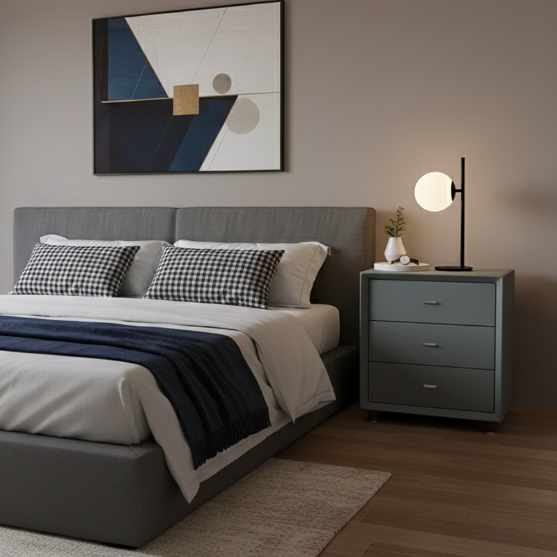 Contemporary Scandinavian Dusty Blue 3-Drawer Nightstand - Matte Faux Leather Bedside Table Minimalist Storage Cabinet For Bedroom