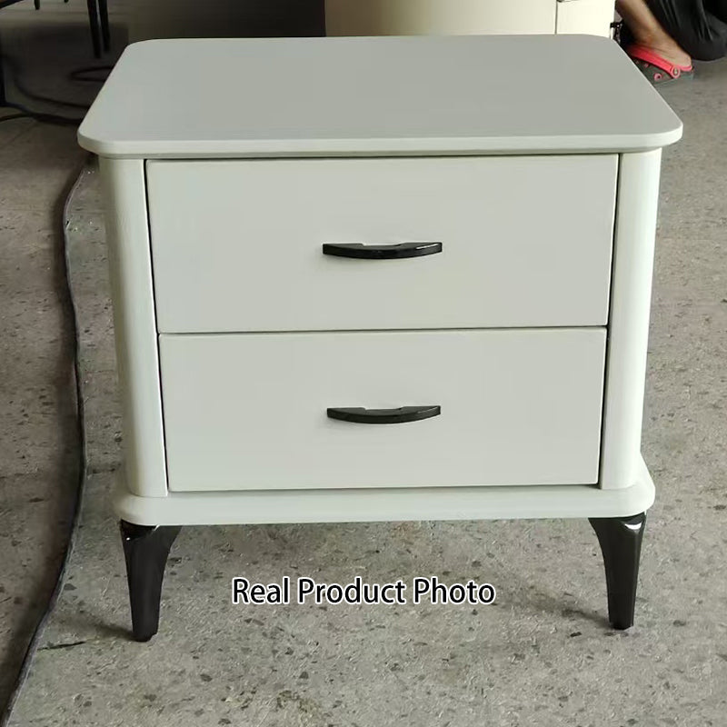 Modern Minimalist 2-Drawer Storage Nightstand - Cream PVC Faux Leather Bedside Table For Bedroom