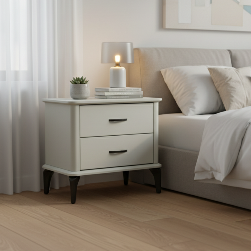 Modern Minimalist 2-Drawer Storage Nightstand - Cream PVC Faux Leather Bedside Table For Bedroom