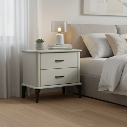 Modern Minimalist 2-Drawer Storage Nightstand - Cream PVC Faux Leather Bedside Table For Bedroom