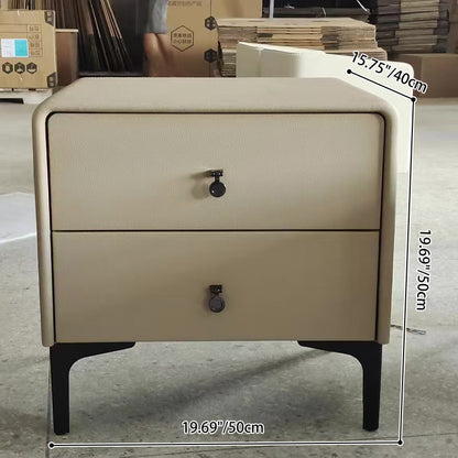 Contemporary Scandinavian Storage Nightstand - Cream Faux Leather Dual Drawer Bedside Table For Bedroom