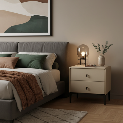 Contemporary Scandinavian Storage Nightstand - Cream Faux Leather Dual Drawer Bedside Table For Bedroom