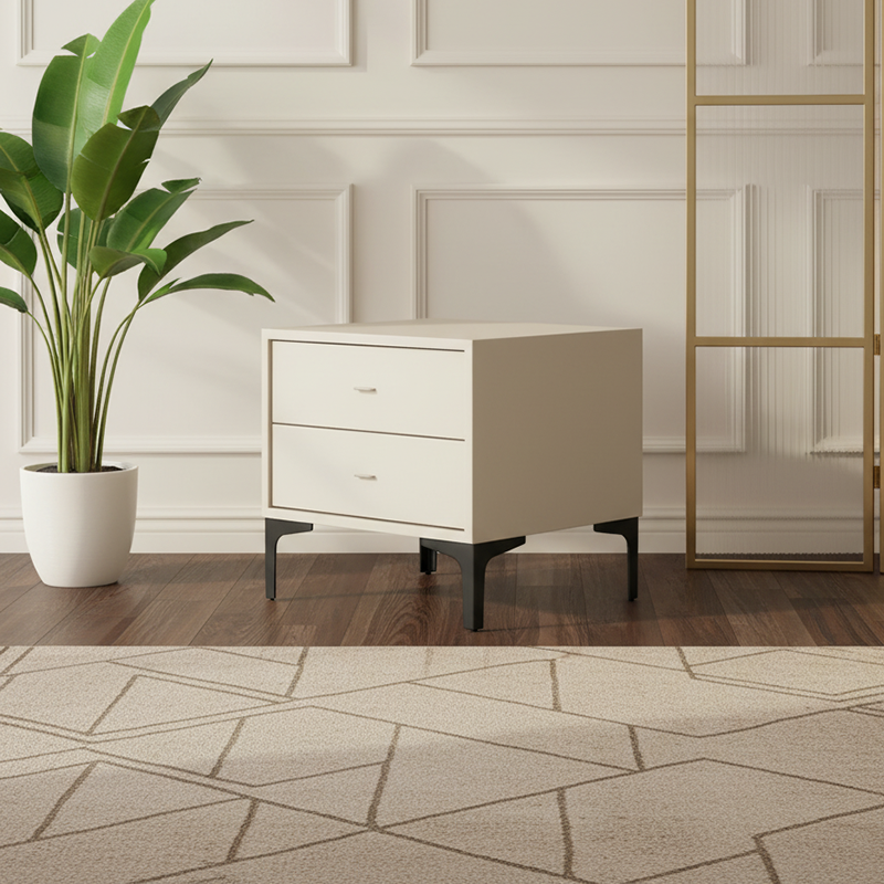 Contemporary Cream White Bedside Table With Dual Drawers - Scandinavian Faux Leather Nightstand For Modern Bedroom
