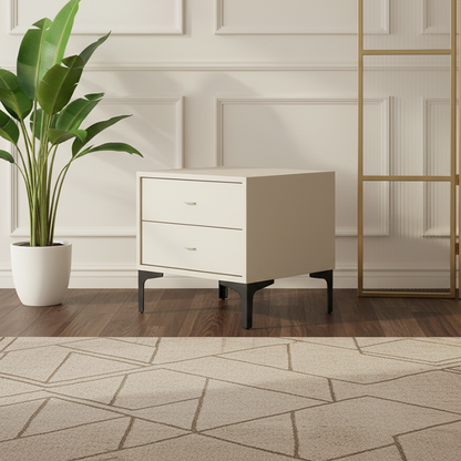 Contemporary Cream White Bedside Table With Dual Drawers - Scandinavian Faux Leather Nightstand For Modern Bedroom