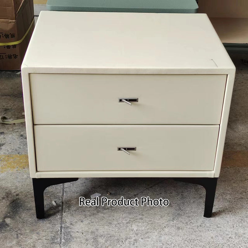 Contemporary Cream White Bedside Table With Dual Drawers - Scandinavian Faux Leather Nightstand For Modern Bedroom