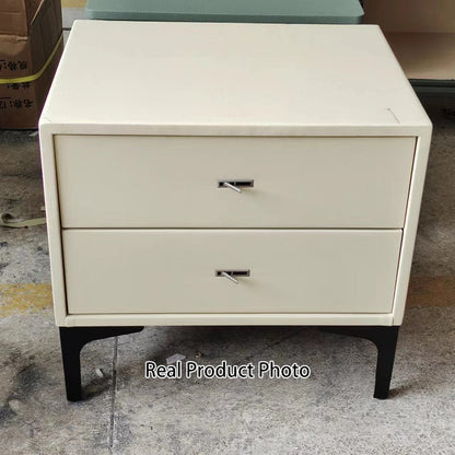 Contemporary Cream White Bedside Table With Dual Drawers - Scandinavian Faux Leather Nightstand For Modern Bedroom