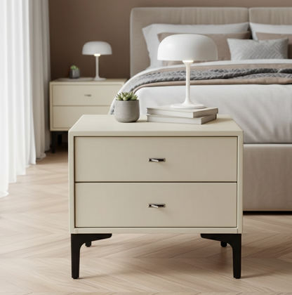 Contemporary Cream White Bedside Table With Dual Drawers - Scandinavian Faux Leather Nightstand For Modern Bedroom