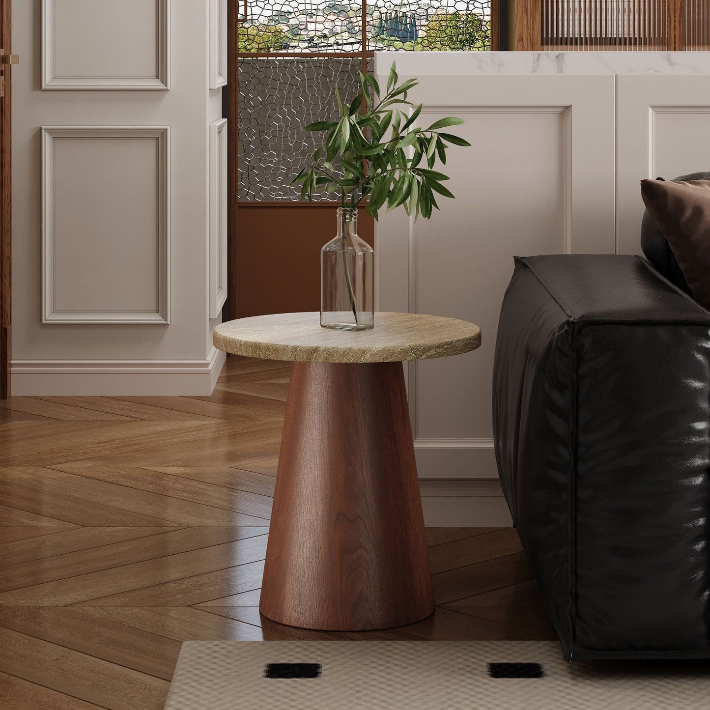 Traditional Japanese Round Travertine Carbon Steel Coffee Table For Living Room