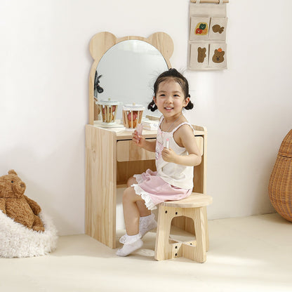 Contemporary Creative Rectangular Pine Wood Kids Desk & Chair Set 1-Drawer For Bedroom