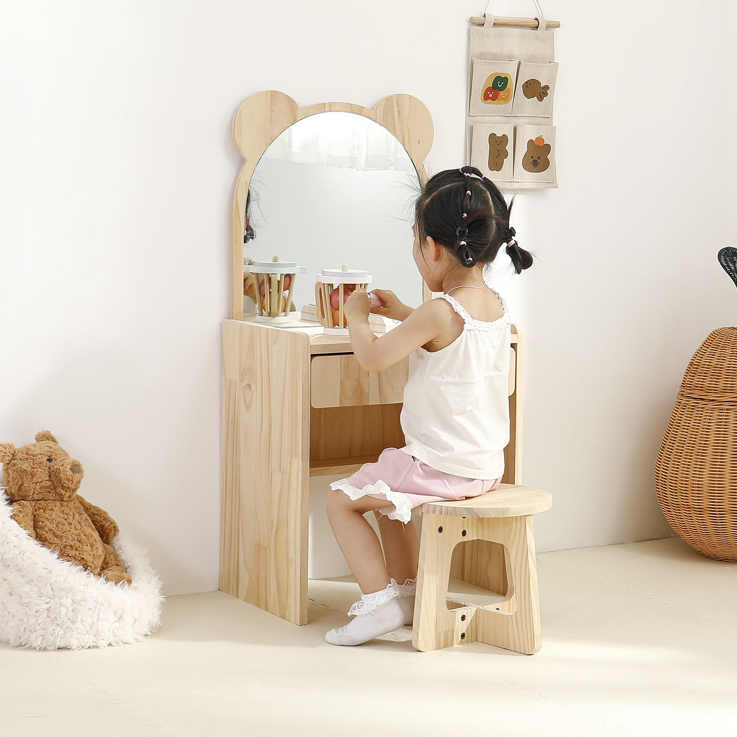 Contemporary Creative Rectangular Pine Wood Kids Desk & Chair Set 1-Drawer For Bedroom
