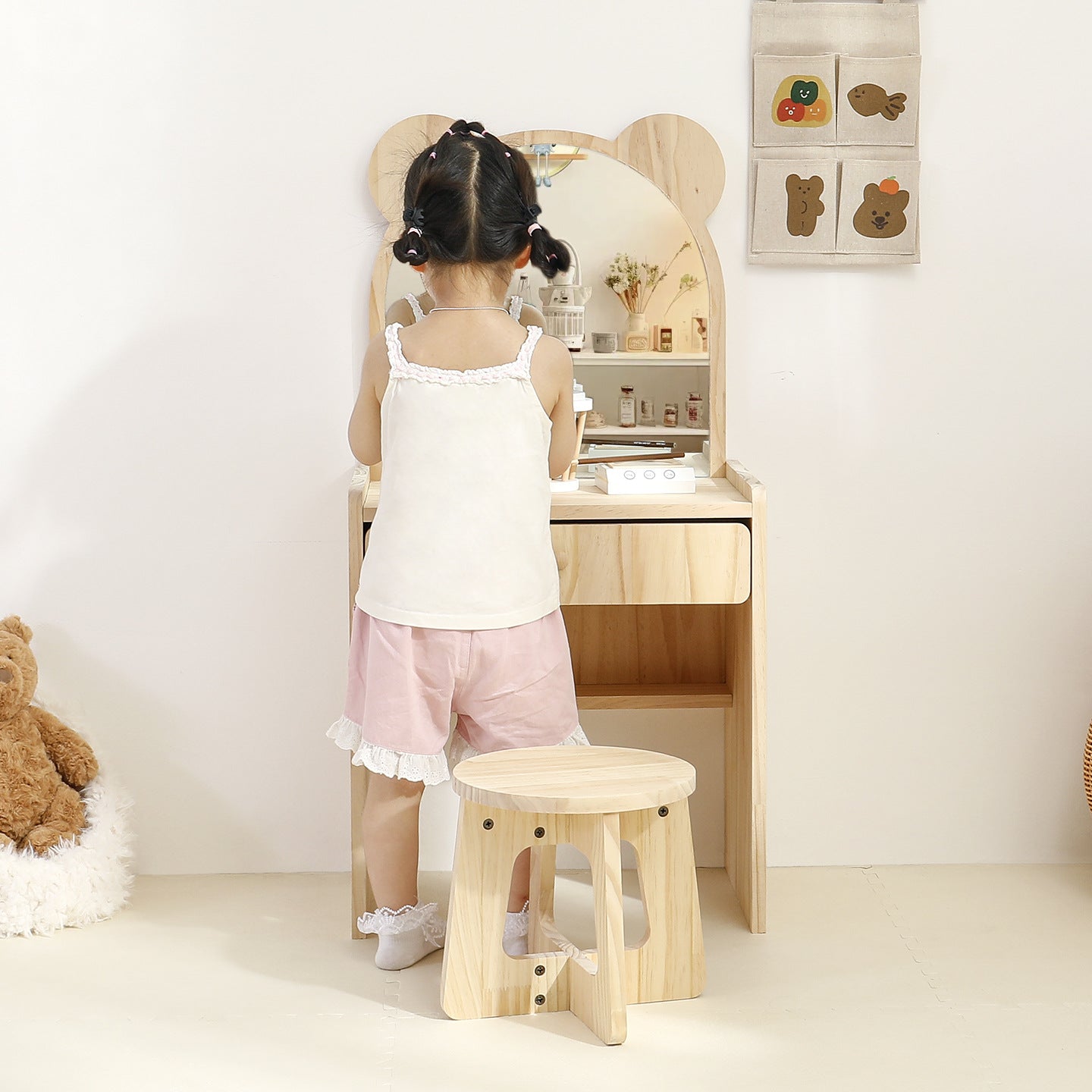 Contemporary Creative Rectangular Pine Wood Kids Desk & Chair Set 1-Drawer For Bedroom