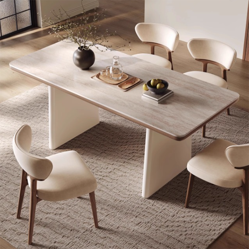 Traditional French Rectangular Stone Slab Walnut Veneer Oak Wood Dining Table For Dining Room