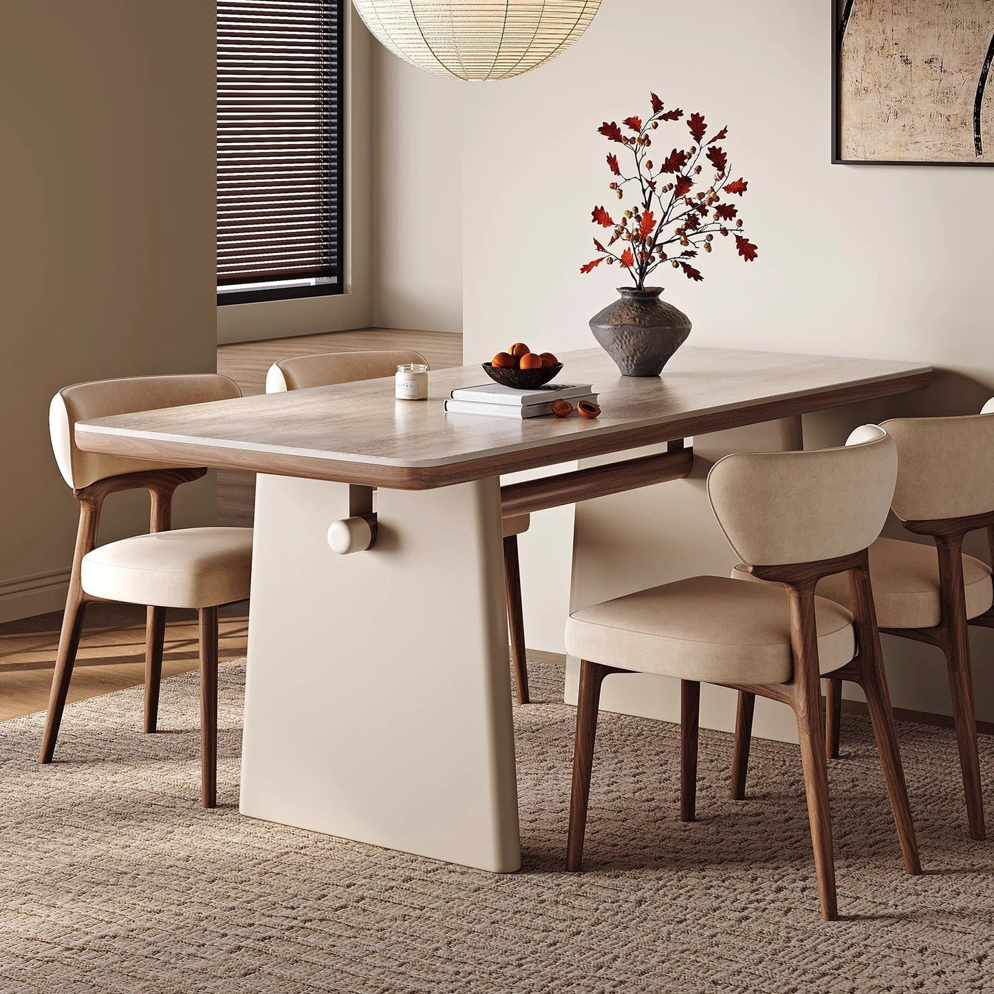 Traditional French Rectangular Stone Slab Walnut Veneer Oak Wood Dining Table For Dining Room