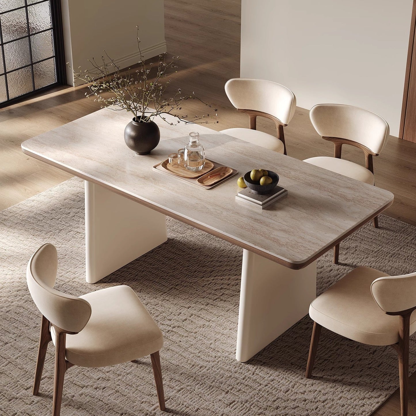 Traditional French Rectangular Fabric Stone Slab Walnut Veneer Oak Wood Dining Table & Chair Set For Dining Room