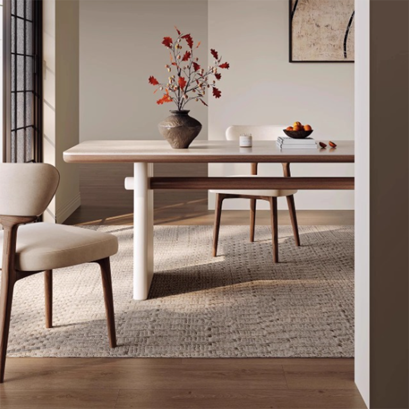 Traditional French Rectangular Fabric Stone Slab Walnut Veneer Oak Wood Dining Table & Chair Set For Dining Room