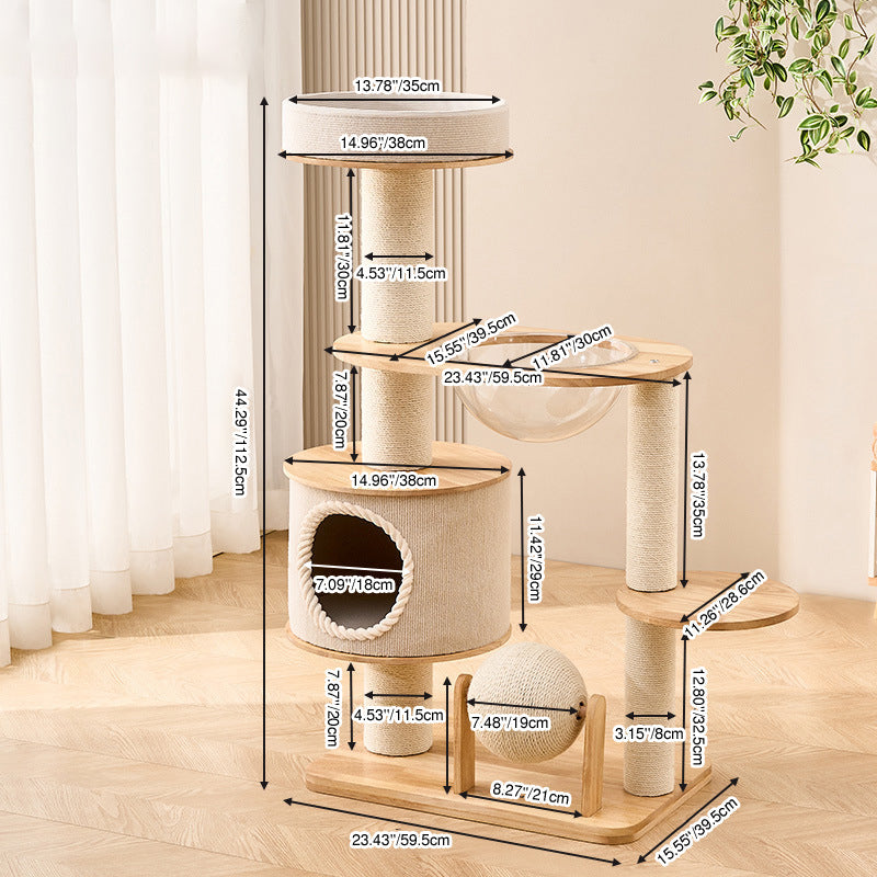 Contemporary Scandinavian Round Sisal Multi-Layer Solid Wood Panel Acrylic Cat Tree For Living Room