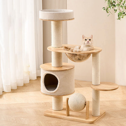 Contemporary Scandinavian Round Sisal Multi-Layer Solid Wood Panel Acrylic Cat Tree For Living Room