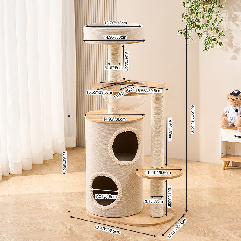 Contemporary Scandinavian Round Sisal Multi-Layer Solid Wood Panel Acrylic Cat Tree For Living Room